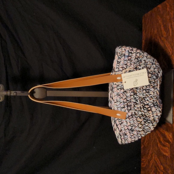 Hand Crafted Handbags - NWT! Handmade Crochet Multicolor Market Basket Tote Tan Faux Leather Straps